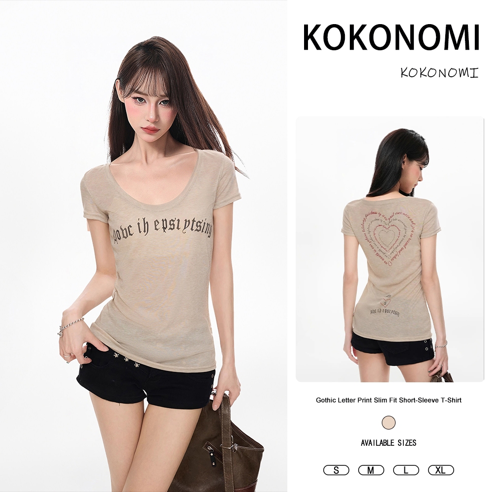 KOKOMI เสื้อยืดแขนสั้นคอยูอเมริกันผู้หญิง Slim-Fit Filigree Top