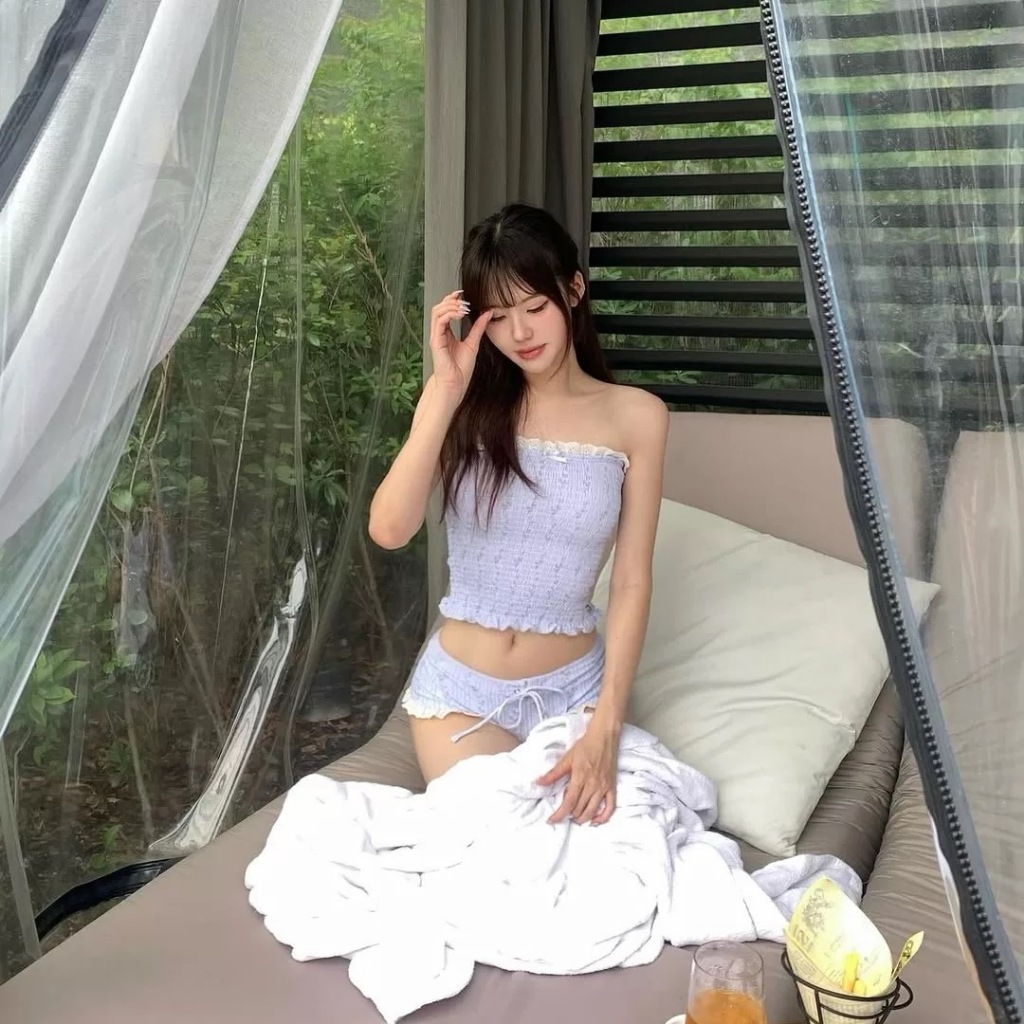 🤍ส่งไวจากไทย🤍ชุดว่ายน้ำทูพีซ บิกินี่เกาะอก ลายดอกไม้ แต่งขอบลูกไม้ สไตล์ Coquette Beach Bikini รูปที่ 4