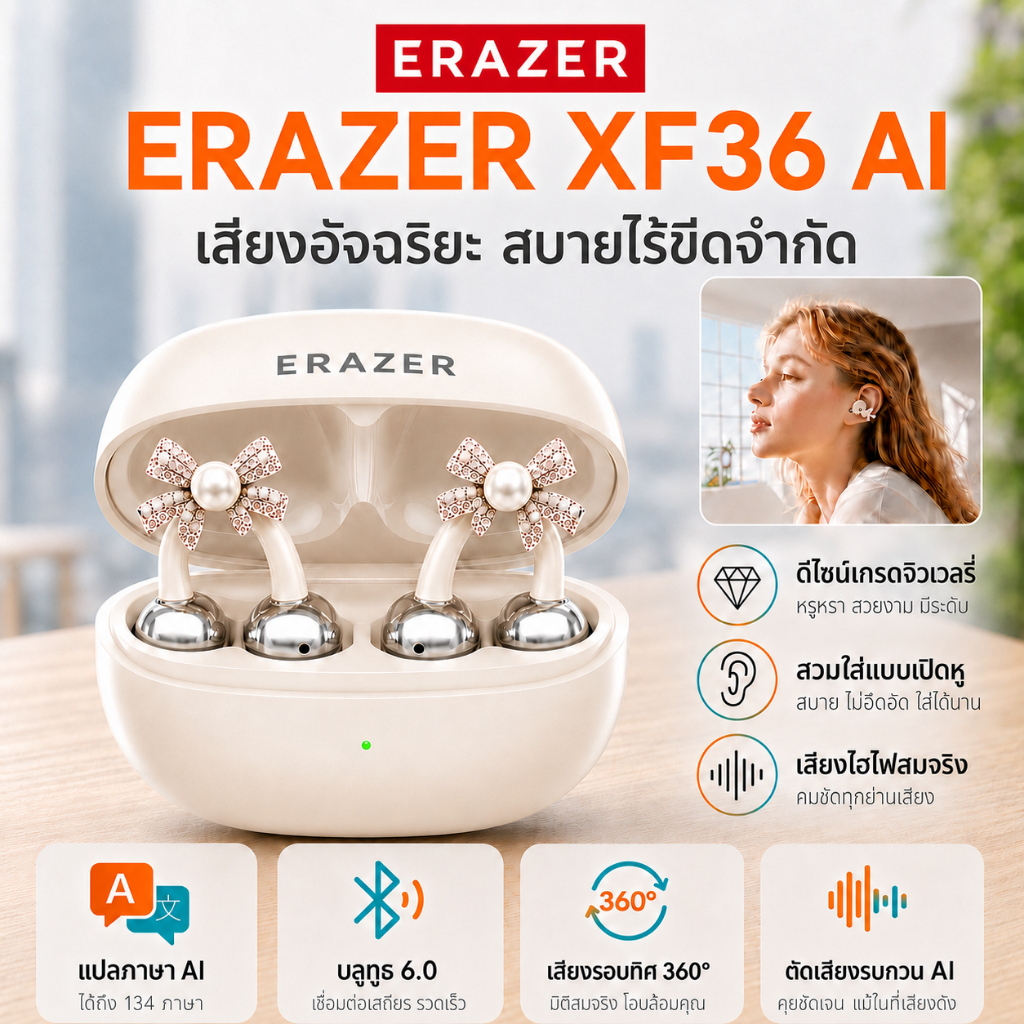 ERAZER XF36 หูฟังแปลภาษา AI Bluetooth 6.0 แปลภาษาเรียลไทม์ 134 ภาษา หูฟังดีไซน์คลิปหนีบหูแบบสุ่มลาย Ear Clip Jewelry Style ตัดเสียงรบกวน ENC เสียง HiFi สเตอริโอ