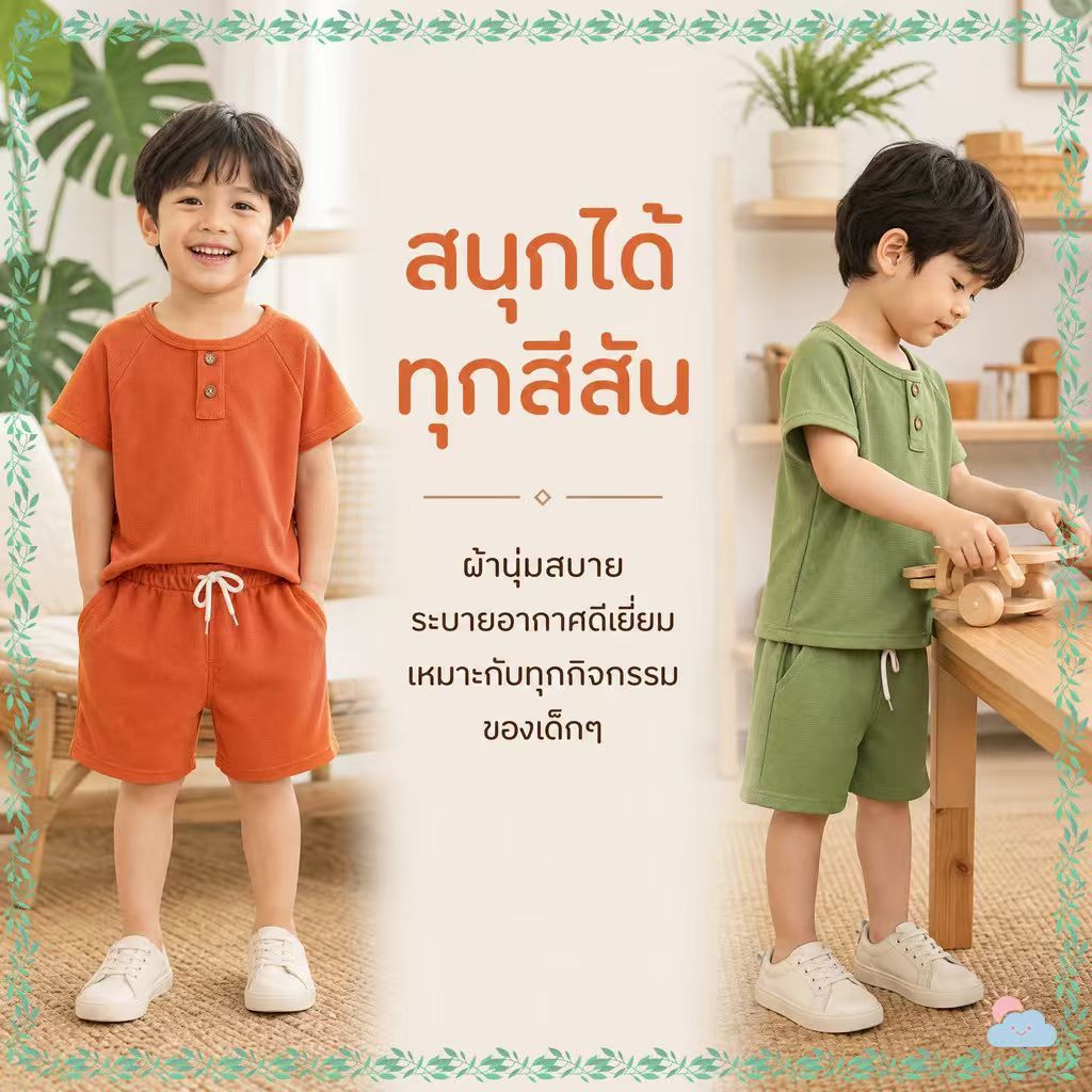 【พร้อมส่ง】ชุดเด็กผู้ชายเสื้อยืดแขนสั้น วาฟเฟิล ขาสั้น เอวยืด สีสันสดใส สวมใส่สบาย สําหรับฤดูร้อน อายุ 2-8 ปี