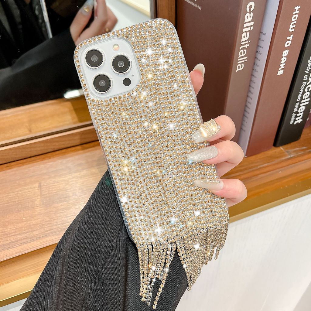 หรูหราพู่กระพริบเพชรเหมาะสําหรับiPhone18pro Maxเคสโทรศัพท์17pro 16 15ProMax Rhinestone 14 13 12 11ป้องกันกรณีผู้หญิง