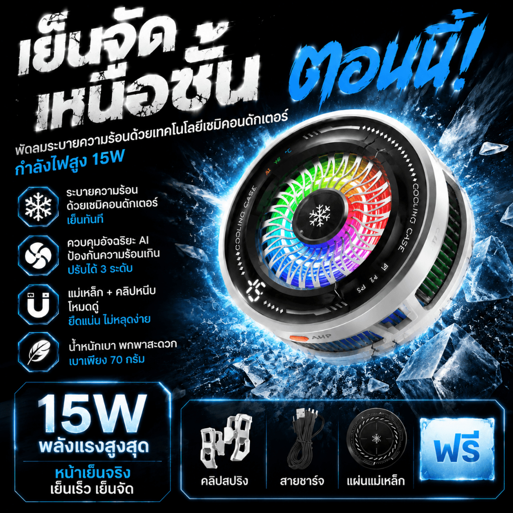 พัดลมระบายความร้อนมือถือ TEC 15W Phone Cooler Gaming RGB ที่ระบายความร้อนมือถือ PUBG CODM