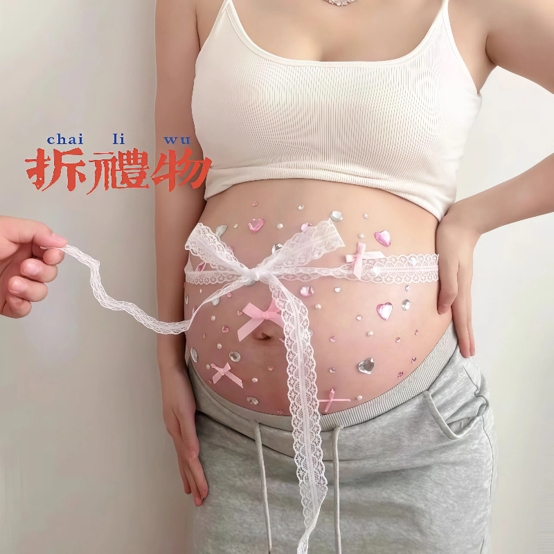 3 ชิ้นคลอดบุตร Belly Photo Props ชุด 2M ลูกไม้ริบบิ้นสีชมพูสีชมพูสีขาวหัวใจ Rhinestone กาว Skin-safe สติกเกอร์