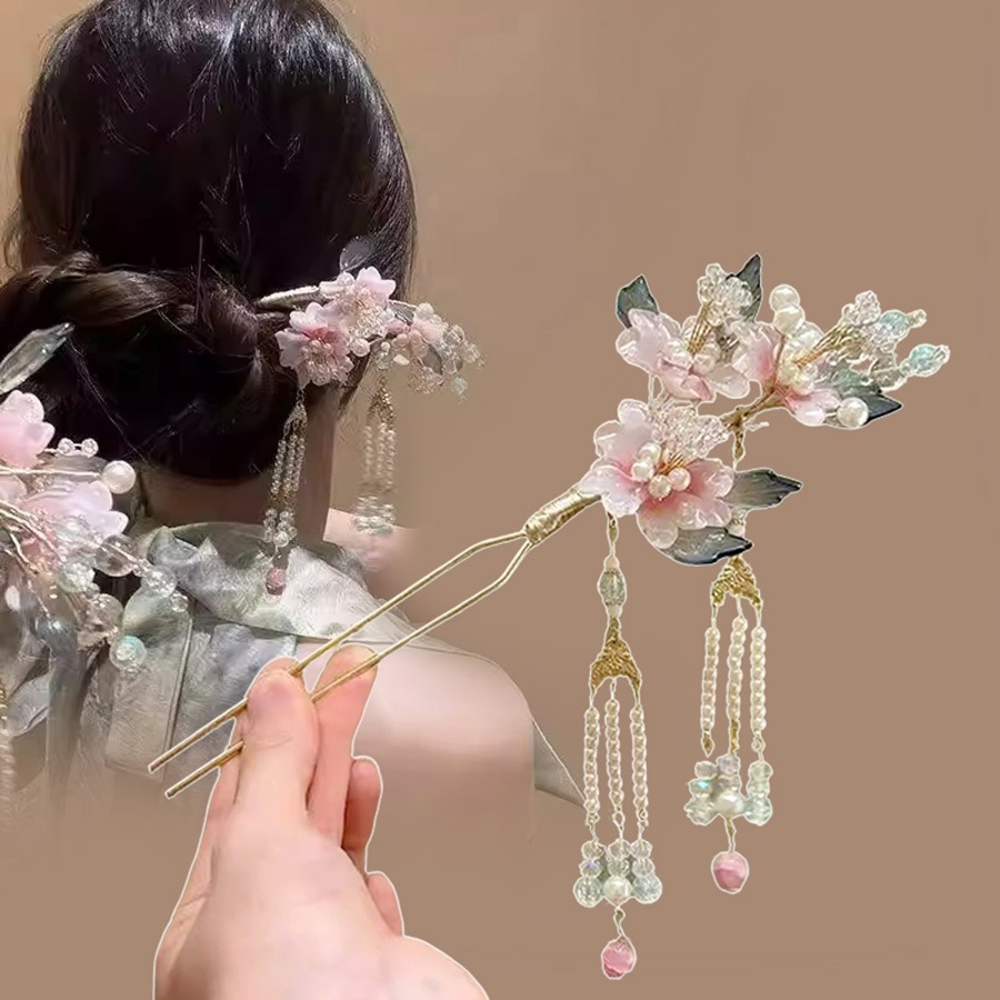 ใหม่สไตล์จีนดอกไม้สีชมพูพู่กิ๊บอารมณ์สง่างามย้อนยุคแฟชั่นกิ๊บเครื่องประดับผม