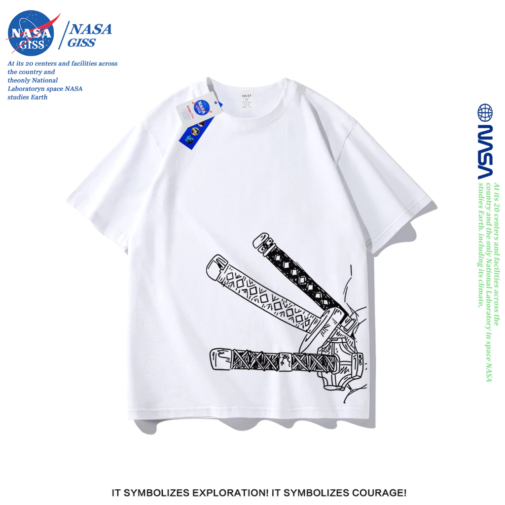 NASA เสื้อยืดชายหญิงแขนสั้น สตรีทฮิปฮอป summer มีดของเซารอน พิมพ์ลาย t-shirt คอกลม หลวมและระบายอากาศ ยับยากไม่ต้องรีด