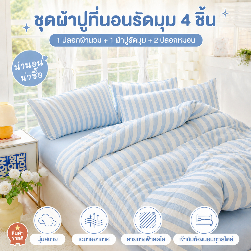 ชุดผ้าปูที่นอนรัดมุม 4 ชิ้น หลายลาย ลายริ้วฟ้าขาว นุ่มสบาย ระบายอากาศ พร้อมปลอกผ้านวม 2 ปลอกหมอน
