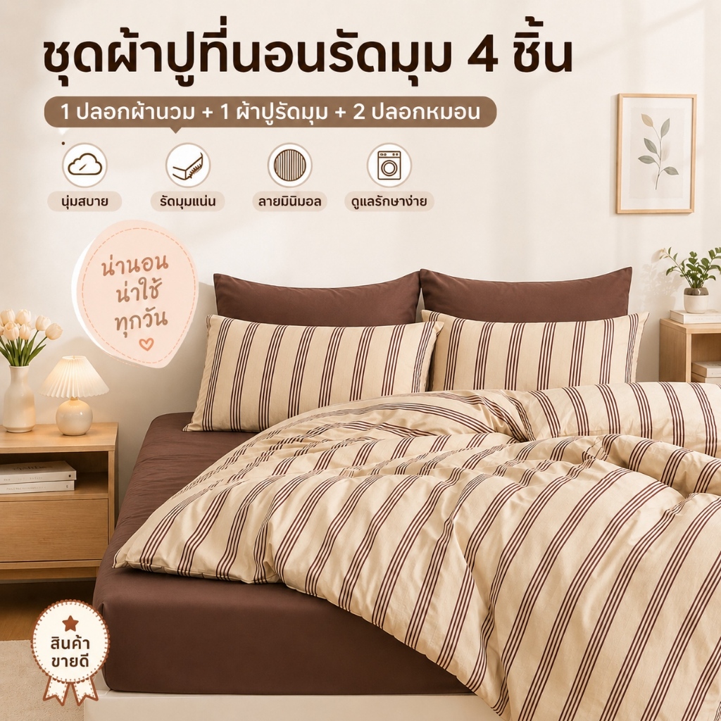 ชุดผ้าปูที่นอนรัดมุม 4 ชิ้น ครบเซ็ต หลายลาย ลายริ้วมินิมอล นุ่มสบาย พร้อมปลอกผ้านวมและ 2 ปลอกหมอน