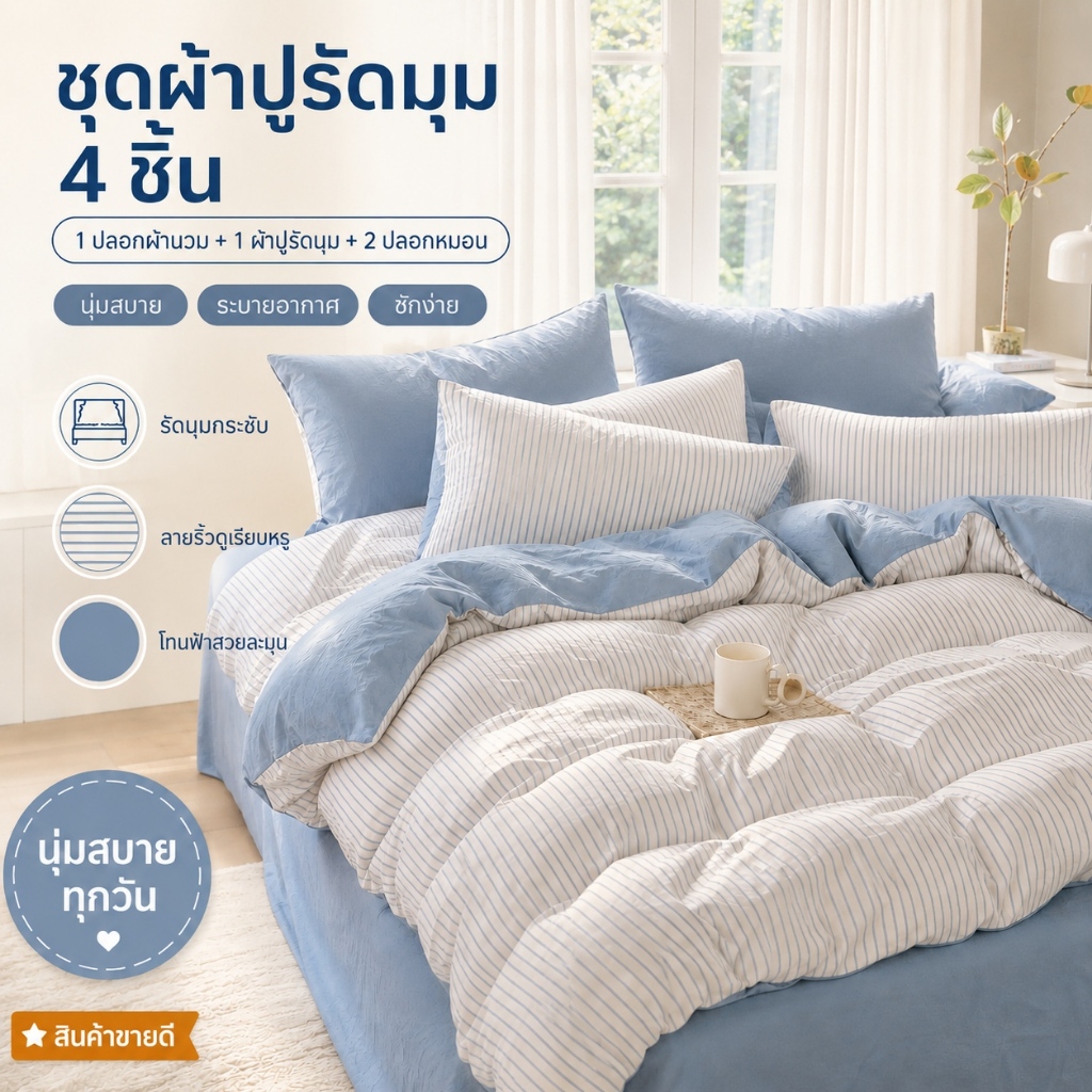 ชุดผ้าปูที่นอนรัดมุม 4 ชิ้น หลายลาย ลายริ้วฟ้ามินิมอล นุ่มสบาย พร้อมปลอกผ้านวมและปลอกหมอน 2 ใบ