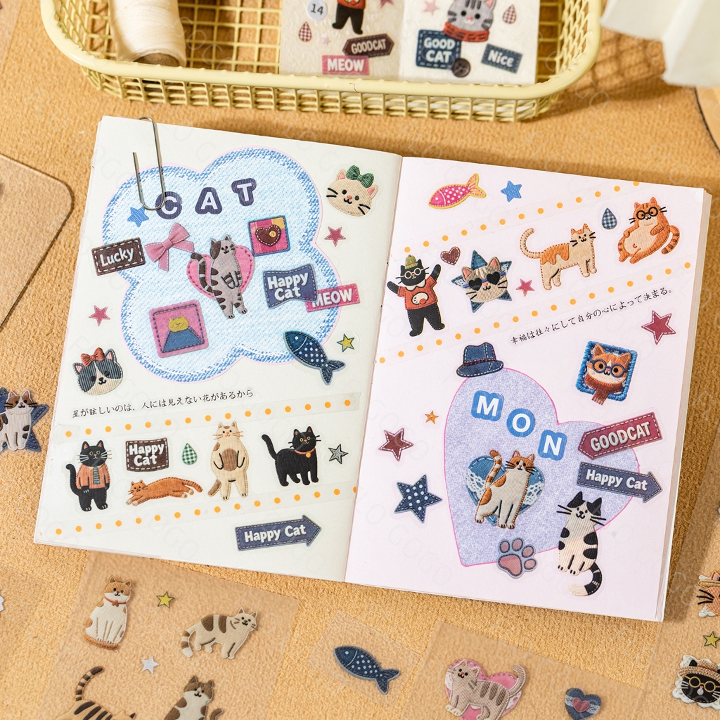 สมุดสติกเกอร์ PET ลายแมวเดนิม 6×18 ซม. 24 แผ่น แบบด้านและใส สติกเกอร์แต่งสมุด DIY Flo gogo