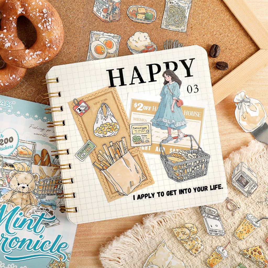 สมุดสติกเกอร์ PET ไดคัท 15×10 ซม. 20 แผ่น ลายอาหาร คาเฟ่ แต่งสมุด Journal Scrapbook DIY Flo gogo