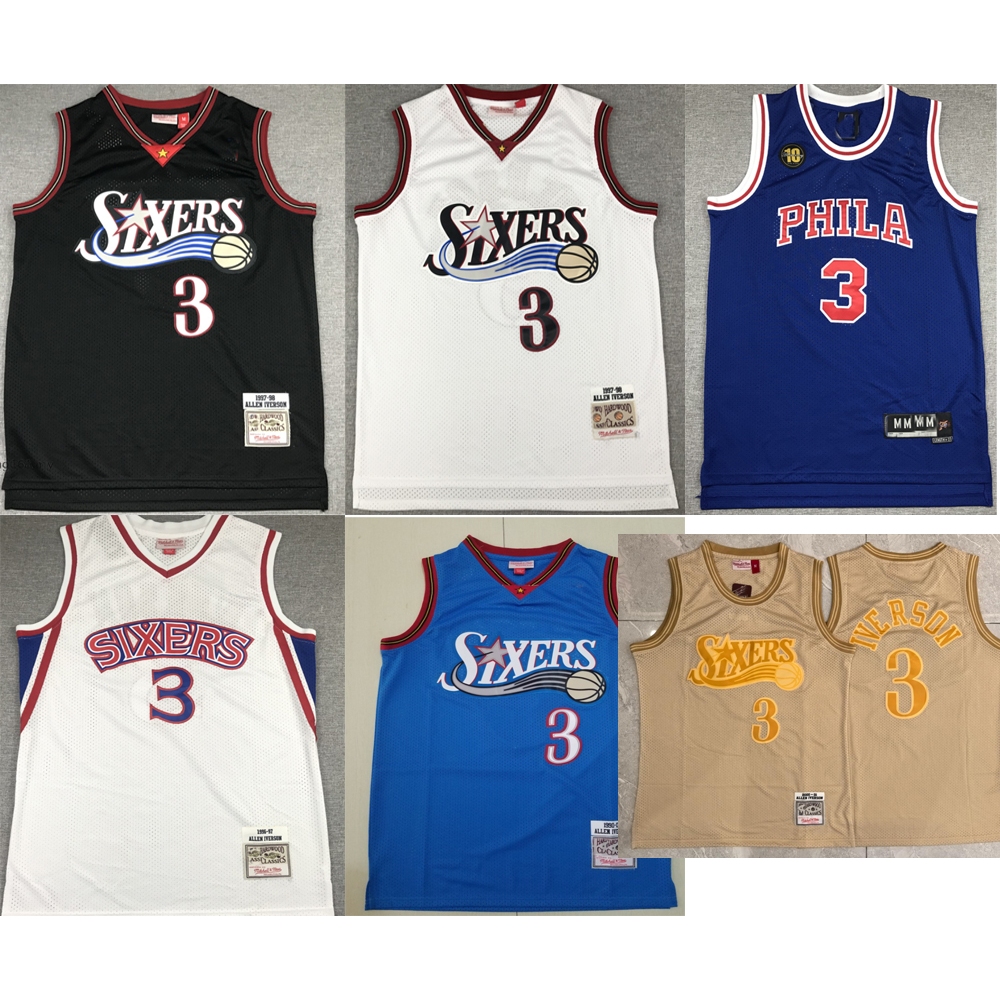 ผู้ชายใหม่ Philadelphia 76ers 3 Allen Iverson เสื้อบาสเก็ตบอลเย็บปักถักร้อย