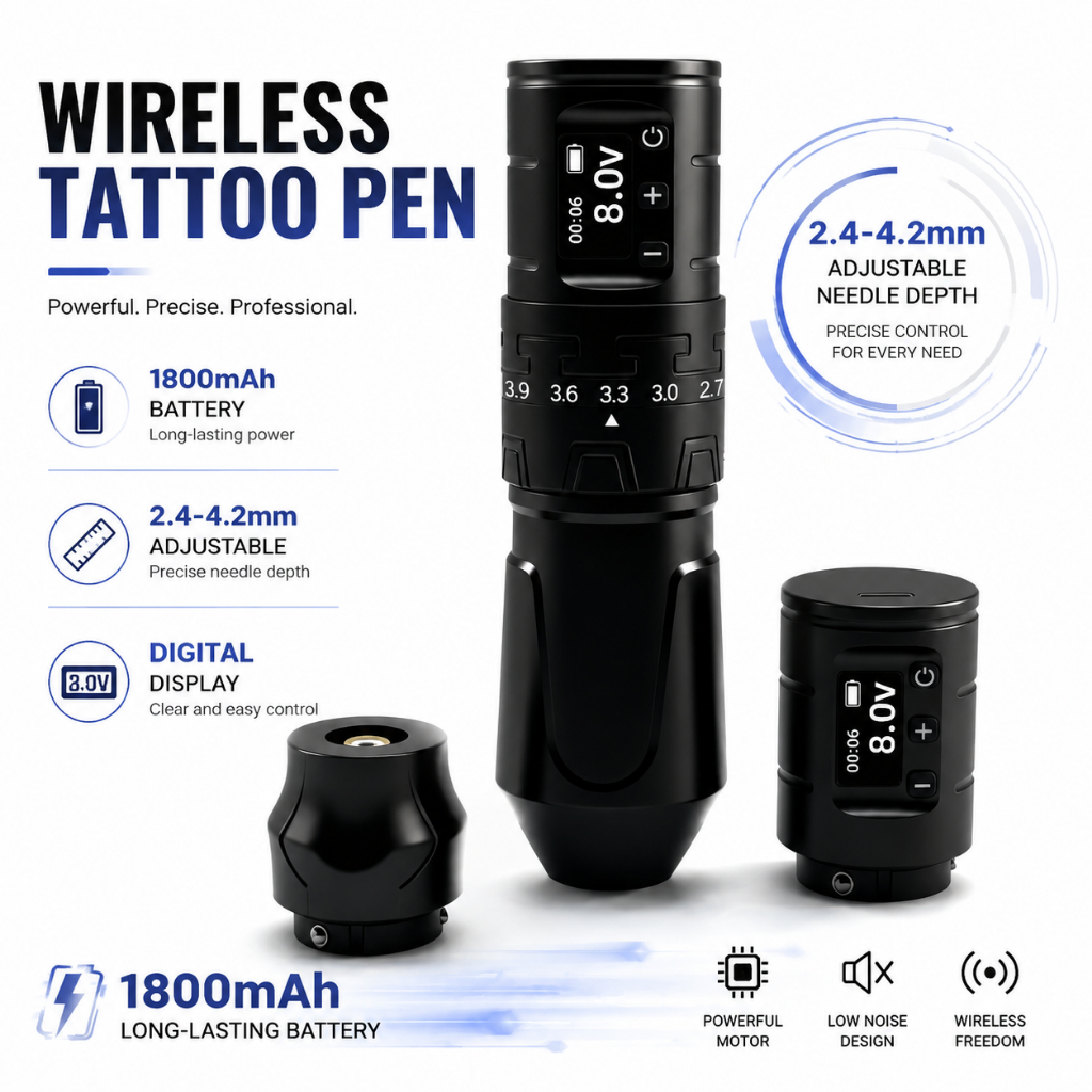 🔥【สินค้าใหม่มาแรง】AOMOG ปากกาสักไร้สายมอเตอร์ Brushless จอ OLED แบตเตอรี่คู่ 1800mAh ปรับสโตรก 7 ระดับ ใช้ได้ 6-8 ชม. ชาร์จ Type-C เขียนเส้น+แรเงา ครบจบในเครื่องเดียว