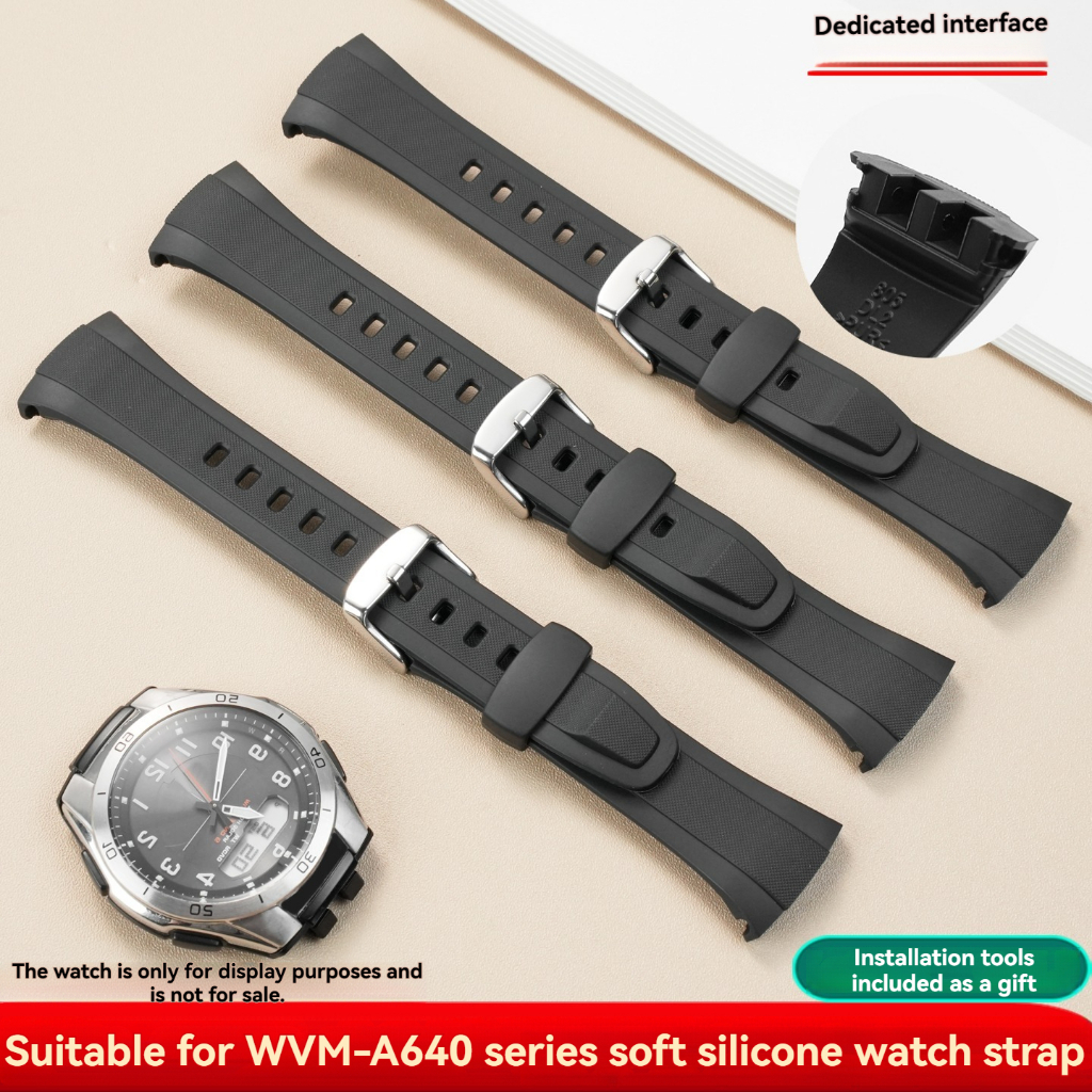 เหมาะสําหรับ casio casio Solar Six Innings WVA-M640/WVA-M650 WVQ-M410 กีฬาสายนาฬิกาซิลิโคนกันน้ําสีด