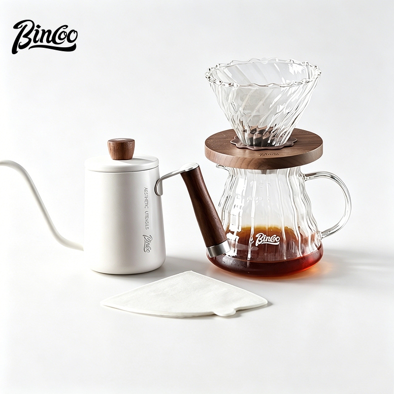 Bincoo ชุดหม้อแบ่งปันกาแฟชงด้วยมือพร้อมถ้วยกรองวอลนัท Home Americano V60 Brewing Coffee Filter 600ML