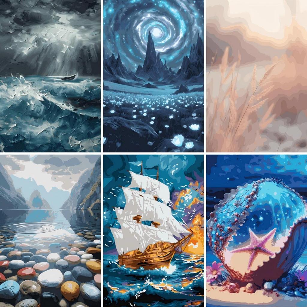 ACANDLY DIY สีตามจํานวนชุด 30x40 ซม.กรอบ, Ocean Shell & Starfish Night Scene ชุดระบายสี, ผ้าใบศิลปะส