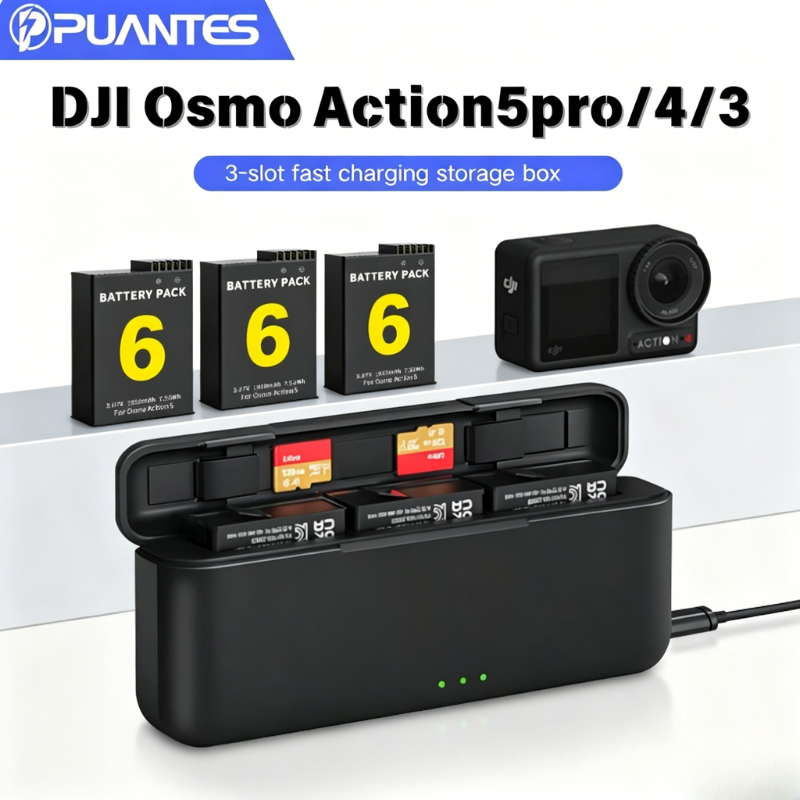 PUANTES เหมาะสําหรับเครื่องชาร์จแบตเตอรี่ DJI Action5 Pro/4/3/6/OSMO360,เคสชาร์จเร็ว,อุปกรณ์เสริมช่อ