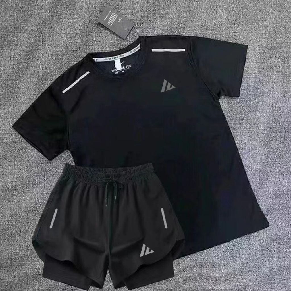 ชุดวิ่งสําหรับทั้งชายและหญิงน้ําหนักเบา Ice-Sense, เสื้อยืดแห้งเร็วและกางเกงขาสั้นป้องกันการลําบาก, ชุดกีฬาฤดูร้อนสําหรับทุกวันและกีฬา