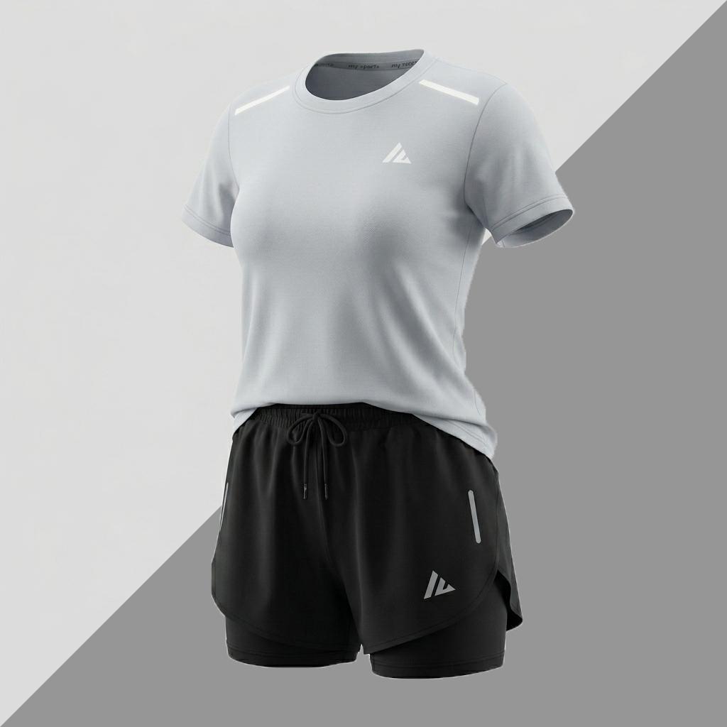 น้ําหนักเบาออกกําลังกายกลางแจ้งวิ่งกลางแจ้ง Unisex Quick-Drying Breathable ชุดกีฬาสะท้อนแสงแขนสั้น Double-Layer Anti-Exposure กางเกงขาสั้น