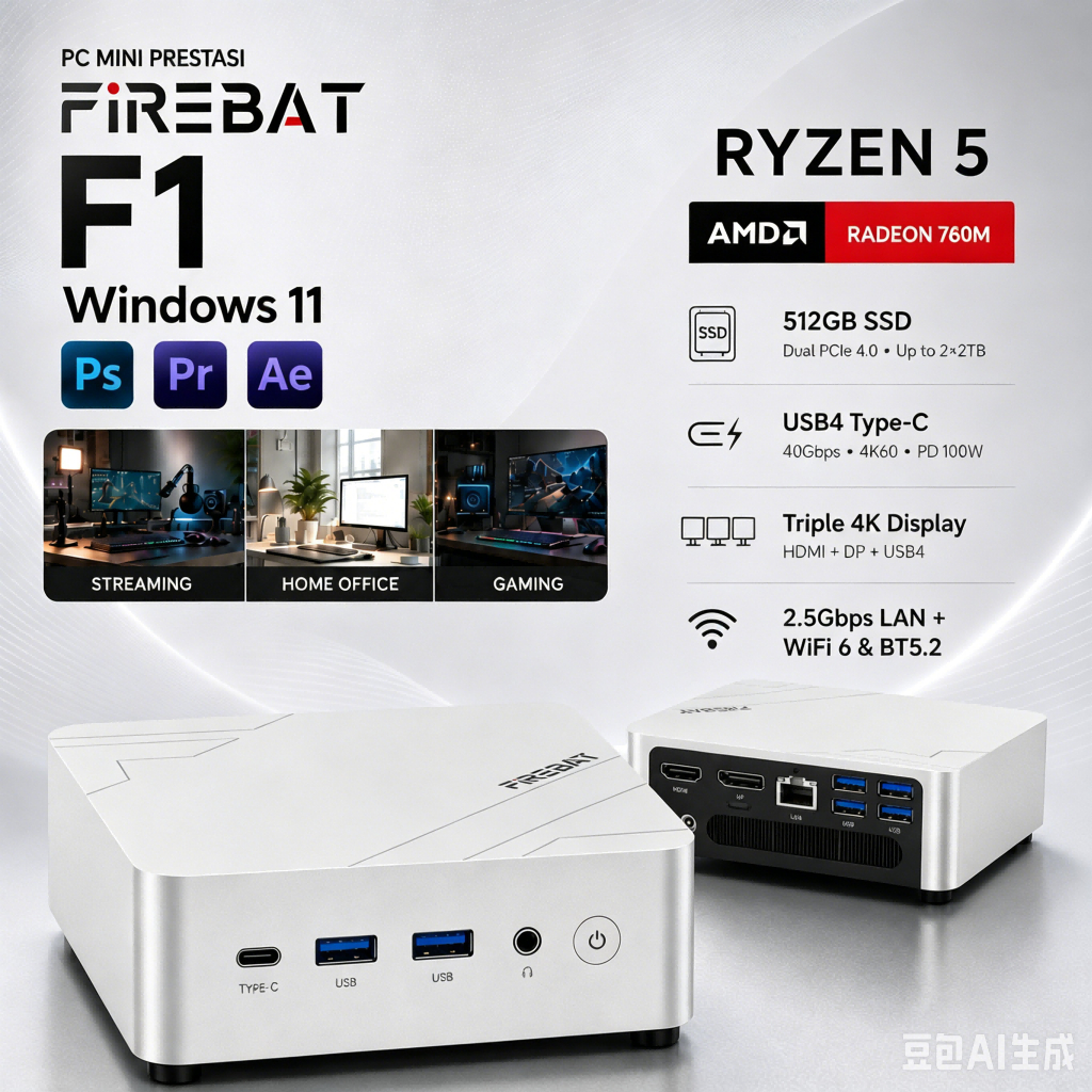 FIREBAT F1 มินิพีซีสีเทาพร้อม SSD 512GB, AMD Radeon 760M, AMD Ryzen 5 7640HS, 24GB RAM