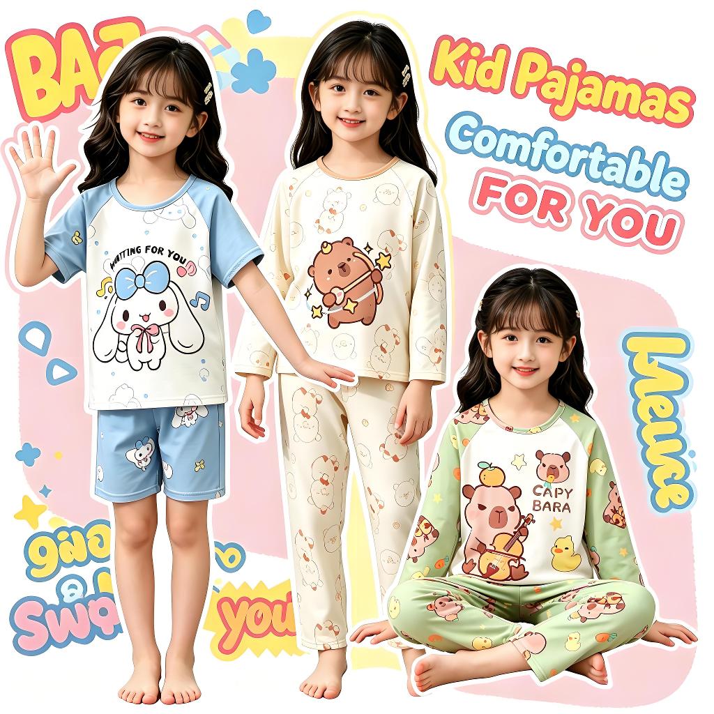ชุดนอนแขนยาววัยรุ่นลายการ์ตูน เสื้อผ้ากลางคืนคอกลมโพลีเอสเตอร์สําหรับเด็กผู้หญิงสําหรับ 5 - 6 ปี