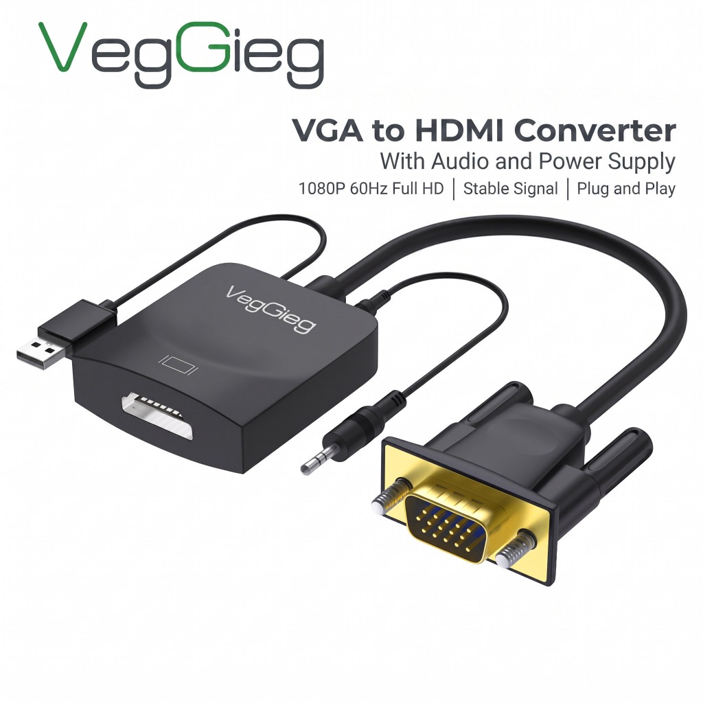 Vegieg VGA to HDMI Converter พร้อมแหล่งจ่ายไฟเสียง 1080P HD แล็ปท็อปเดสก์ท็อปจอแสดงผลโปรเจคเตอร์อะแดปเตอร์ทีวีใช้งานร่วมกับ Windows/Linux