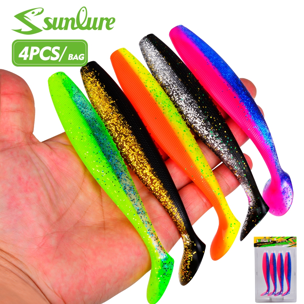 SUNLURE 4 ชิ้น 14 ซม./18 ซม.Dual-Color Paddle Tail เหยื่ออ่อน, 2 ขนาดชุด, ว่ายน้ําที่สมจริง Action Fishing Lure
