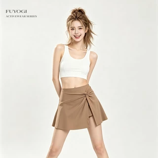 FUYOGI ผู้หญิงเอวสูงด้านหน้า Twisted กีฬา Skort Breathable Sweat Wicking เทนนิสกระโปรงด้านข้างกระเป๋า Anti Exposure ปลอมห่อกอล์ฟออกกําลังกายกระโปรงโยคะทุกวันชุดลําลอง