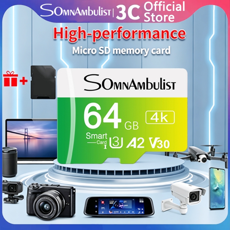 SomnAmbulist-Mini SD/TF การ์ดหน่วยความจํา 8GB/16GB/32GB/64GB/128GB Class 10 แฟลชการ์ดความเร็วสูง รองรับการบันทึกวิดีโอ 4K เข้ากันได้กับกล้องเฝ้าระวัง/เครื่องบันทึกการขับขี่/คอมพิวเตอร์