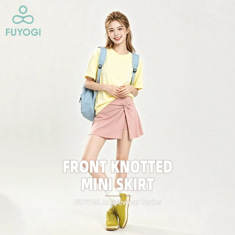 FUYOGI ผู้หญิงเอวสูงด้านหน้า Twisted กีฬา Skort Breathable Sweat Wicking เทนนิสกระโปรงด้านข้างกระเป๋า Anti Exposure ปลอมห่อกอล์ฟออกกําลังกายกระโปรงโยคะทุกวันชุดลําลอง