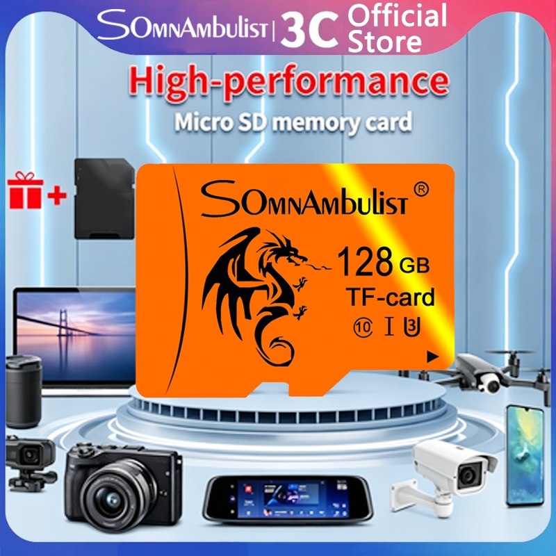 SomnAmbulist-Miniature SD การ์ดหน่วยความจํา 16GB/32GB/64GB/128GB Class 10 การ์ดแฟลช TF ความเร็วสูงพร้อมอะแดปเตอร์ SD เข้ากันได้กับกล้องเฝ้าระวัง/โทรศัพท์มือถือ/เครื่องบันทึกการขับขี่/คอมพิว