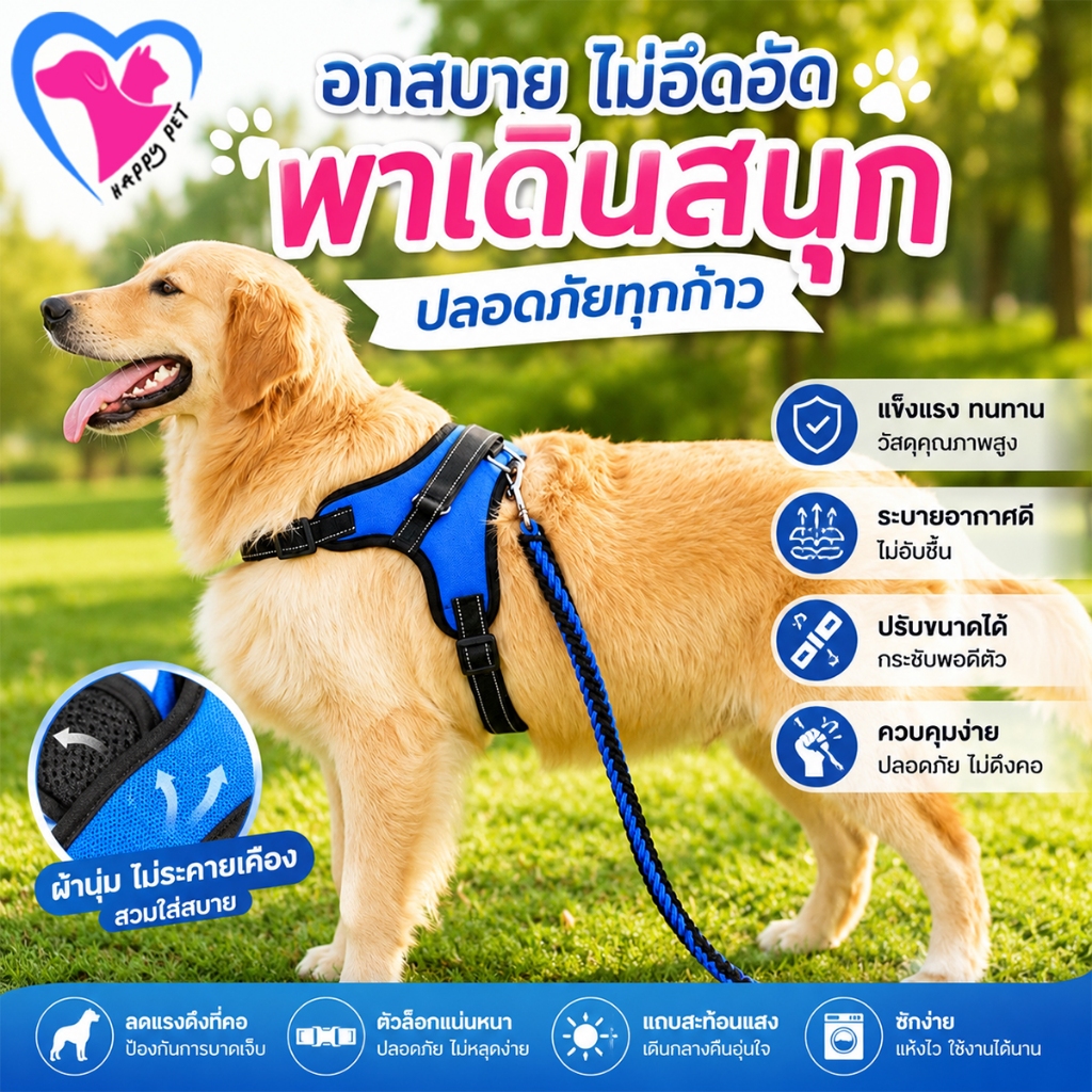 Happy Pet หลายสี หลายไซส์ จูงสัตว์เลี้ยง สายจูงสุนัข สายรัดอกสุนัข สะท้อนแสง  มีหลายสี/ไซส์ให้เลือก พร้อมส่ง (แยกขาย)