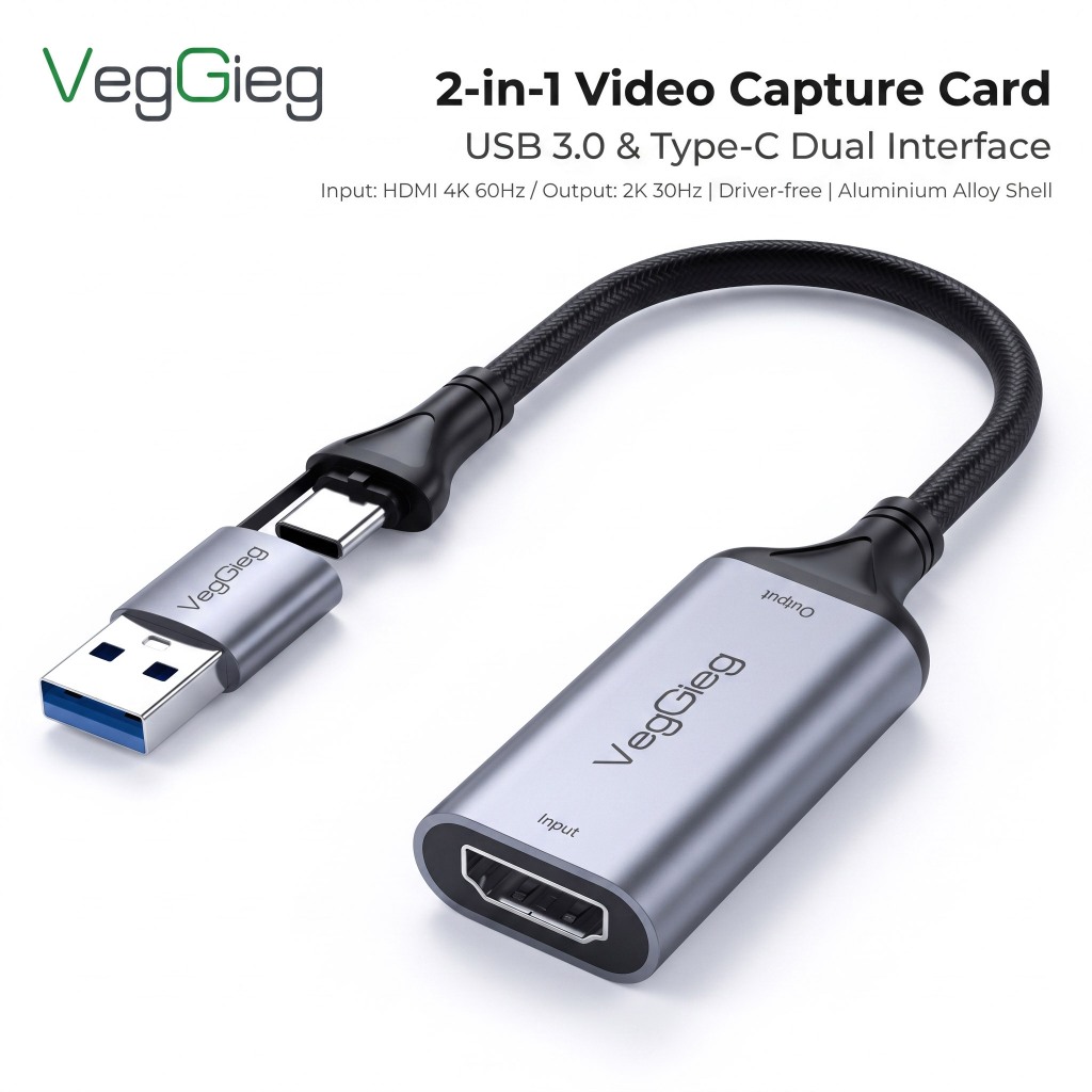Vegieg Two-in-One USB/Type-C HDMI Capture Card 4K HD Live Game Recording PS4/PS5/Switch Camera Video Extractor โทรศัพท์มือถือคอมพิวเตอร์ OBS Live Recording Screen Converter