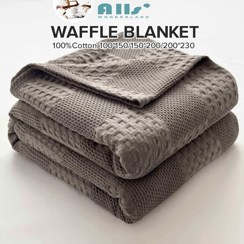 blanket ผ้าห่ม cotton 5ฟุต ขาว ผ้าห่มพกพา วาฟเฟิล ลายสก๊อต