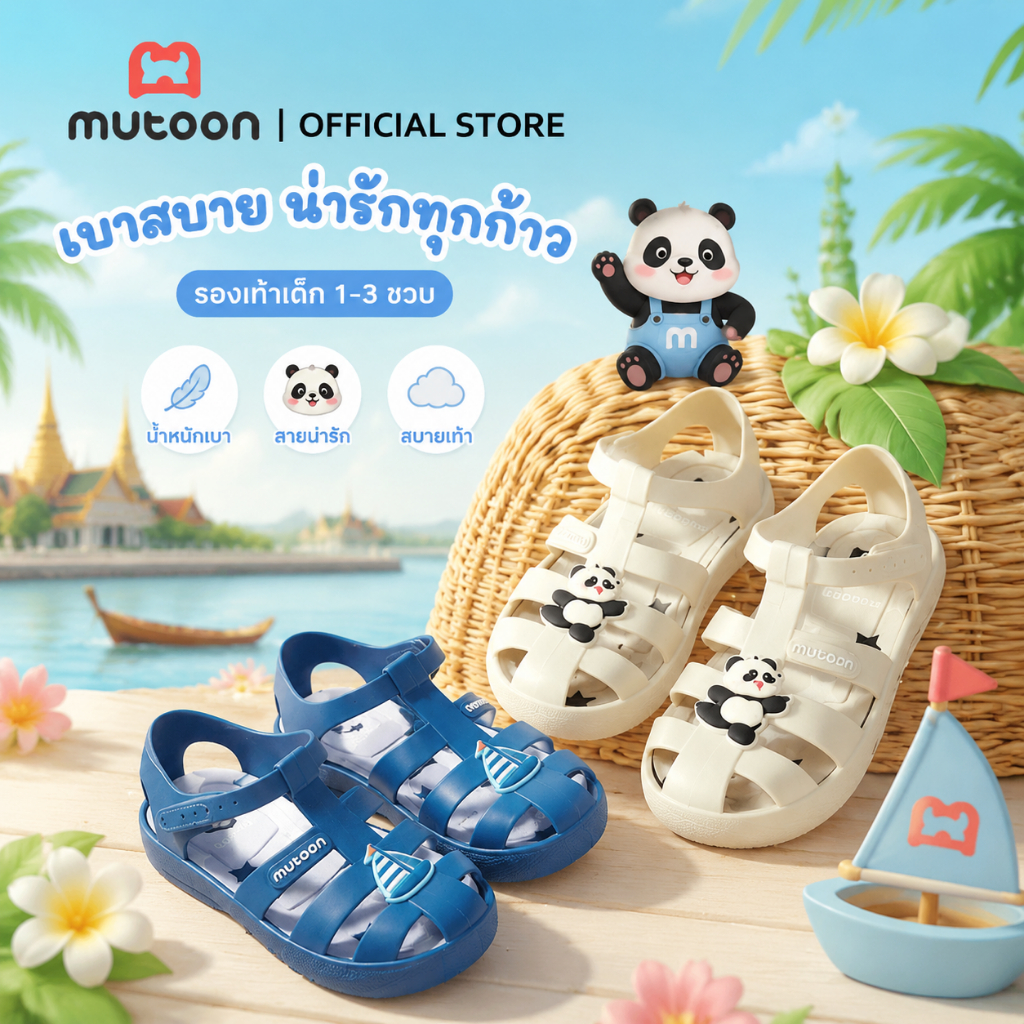 【Mutoon】รองเท้าแตะเด็ก 1-3 ขวบ กันลื่น พื้นนิ่ม ลายแพนด้า ใส่ทะเล เด็กชายเด็กหญิง