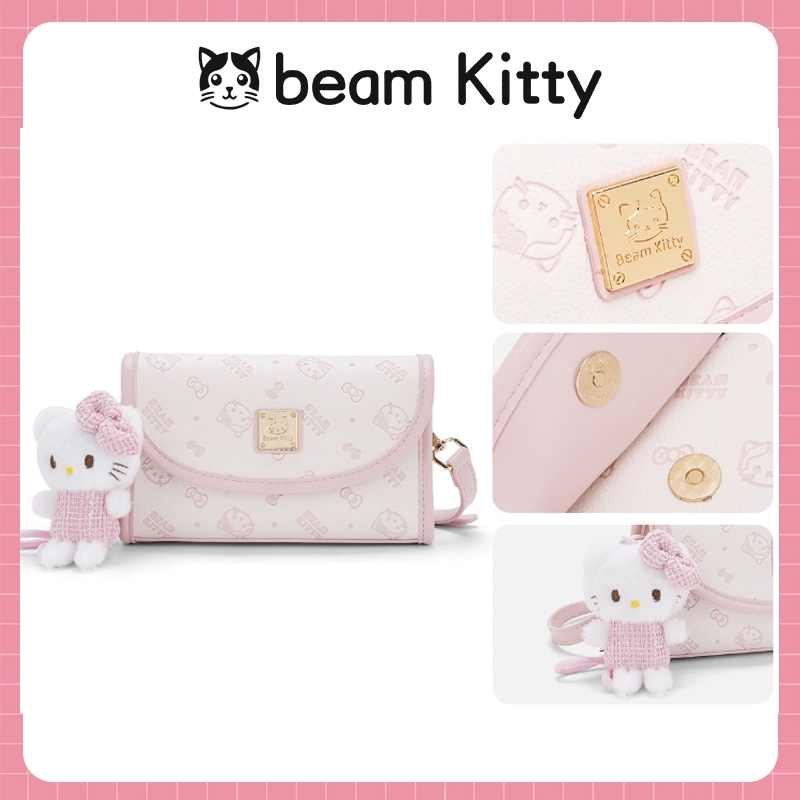 BEAM KITTY กระเป๋าสะพายข้างสีชมพูลายคิตตี้ น่ารักสุดๆ แถมฟรีตุ๊กต+กล่องของขวัญ เหมาะสงกรานต์ กระเป๋าเล็กคุณภาพสูงกระเป๋าแฟชั่น