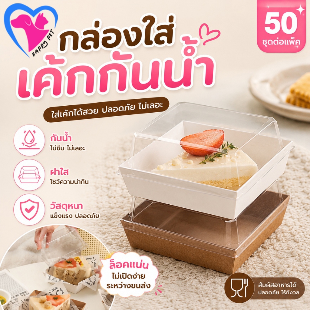 กล่องเค้กกระดาษ ฐานสีขาว/น้ำตาล ฝา PE เกรดอาหาร กันน้ำ 50 ชุด