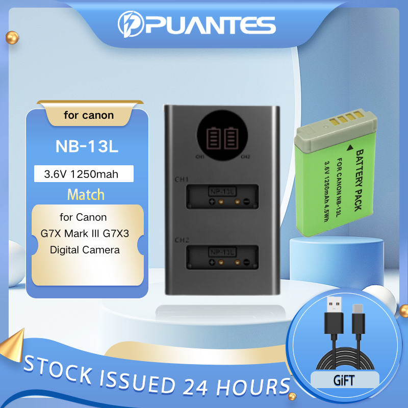 PUANTES เหมาะสําหรับกล้องดิจิตอล Canon G7X Mark III G7X3 แบตเตอรี่ NB-13L + เครื่องชาร์จแบบ dual slo