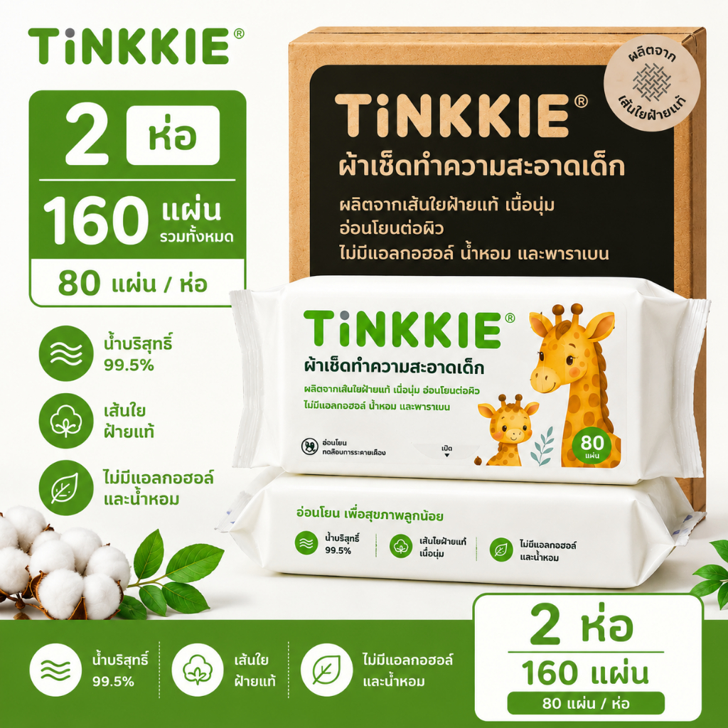 TiNKKiEทิกกี้ ที่รัก ผ้าเช็ดทําความสะอาด 2 แพ็ค 160 แผ่น (80 แผ่น/แพ็ค) ผ้าฝ้ายเด็กเปียกน้ํา เอดิด ปริญญาเอก 5.5 ปราศจากแอลกอฮอล์ปราศจากน้ําหอมอ่อนโยนสําหรับทารกแรกเกิดและผิวบอบบาง