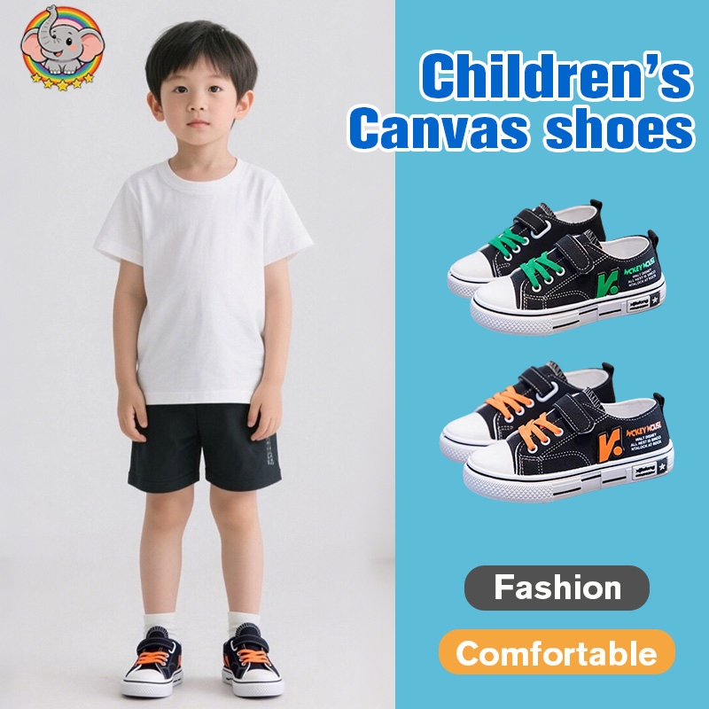 【สินค้าพร้อมส่งในไทย】รองเท้าผ้าใบ Velcro เด็กระบายอากาศรองเท้าคณะกรรมการสบายๆ วิทยาลัยป้องกันการลื่นที่ทนต่อการสึกหรอ
