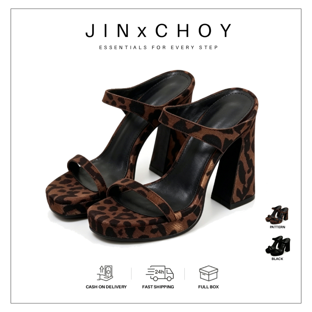 JINxCHOY รองเท้าแตะส้นสูงแบบเปิดนิ้วเท้าลายเสือดาวเซ็กซี่สไตล์เกาหลี แบบใหม่ฤดูร้อน สายเดี่ยว กันน้ำ แพลตฟอร์ม ส้นหนา ราคาขายส่งจากโรงงาน