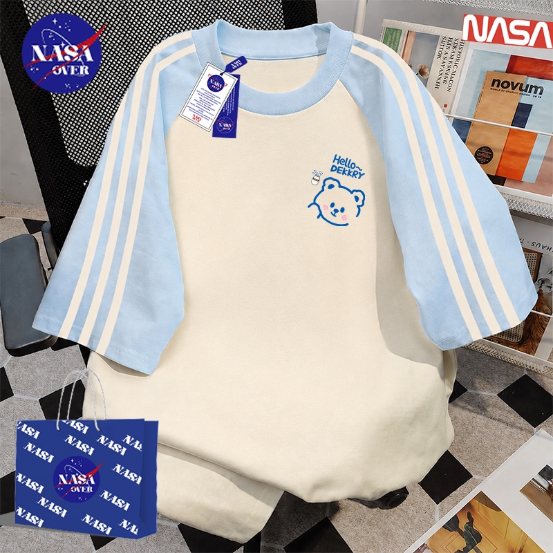【จัดส่งตลอด 24 ชั่วโมง】🔥NASA ยูนิเซ็กส์ ฤดูร้อน แขนสั้น วินเทจ ลายหมี🐻 ทรงใหญ่ เทรนด์ สีผสม สามแถบ คอกลม เสื้อ YG21