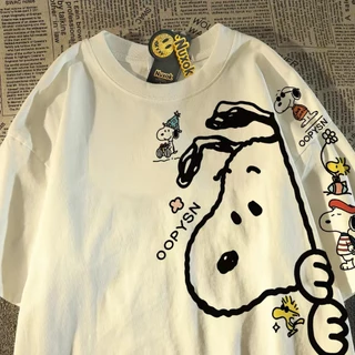 BOOM เสื้อคอกลมฤดูร้อน ผ้าฝ้าย 100% Snoopy ลายการ์ตูน ระบายอากาศดี สวมใส่สบาย เสื้อยืดชายหญิงแขนสั้น
