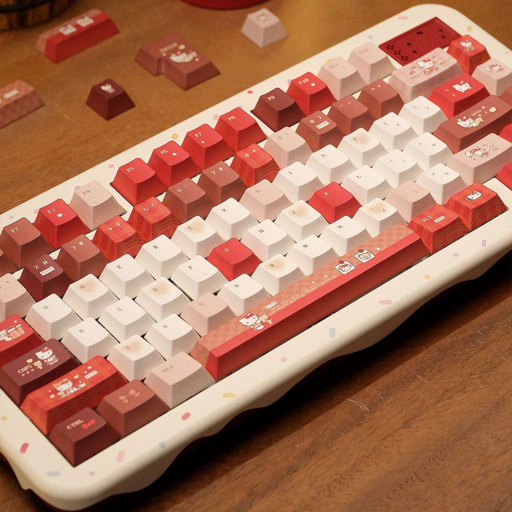 URE Kitty keycaps การ์ตูนสีแดง PBT Cherry Profile keycap ชุดสําหรับคีย์บอร์ดแบบกลไก