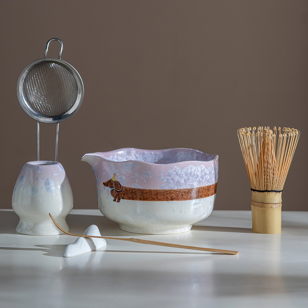 Buucup Dachshund Crystal Glaze Matcha Bowl Set สไตล์ญี่ปุ่นชาเซรามิกสีม่วงพร้อมเครื่องปั่นกรองขาตั้ง Brewing Full