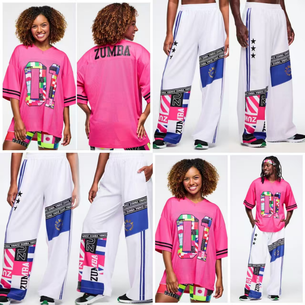 ZUMBA 2025 ชุดกีฬาสไตล์ใหม่ ZUMBA สีชมพู Quick-Drying แขนสั้น Quick-Drying กางเกงผู้ชายผู้หญิงกีฬาฟิตเนสเสื้อผ้า