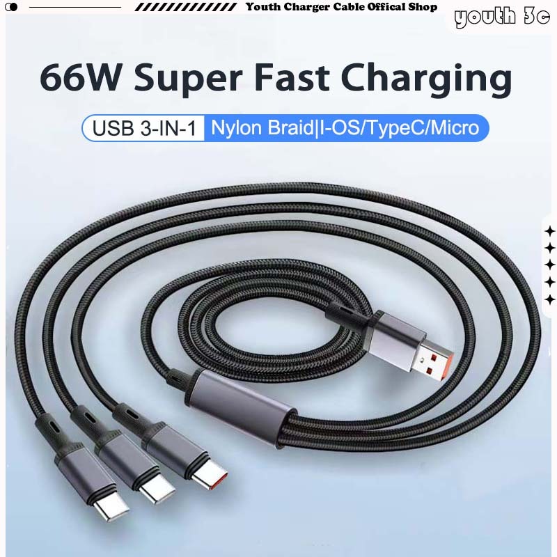 USB 1-to-3 สายชาร์จโทรศัพท์ 66W 6A Fast Charge Data Cable Anti-tangle ไนลอนทอผ้าเกมสายชาร์จสําหรับ I-OS/Type C/Micro