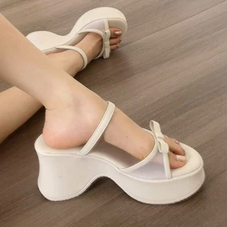 S.LuxLane รองเท้าแตะส้นเตารีดแพลตฟอร์ม 10 ซม.สําหรับผู้หญิงมีโบว์– Chunky Sole Slip-On Mule รองเท้าแตะสําหรับวันหยุดชายหาด & Resort (สีดํา/สีขาว,ขนาด 35-40)