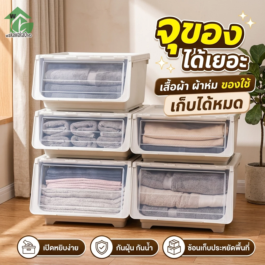 กล่องพลาสติก กล่องเก็บของอเนกประสงค์ กล่องเก็บของประตูเอียง พร้อมฝาปิด ป้องกันฝุ่น ป้องกันน้ำ