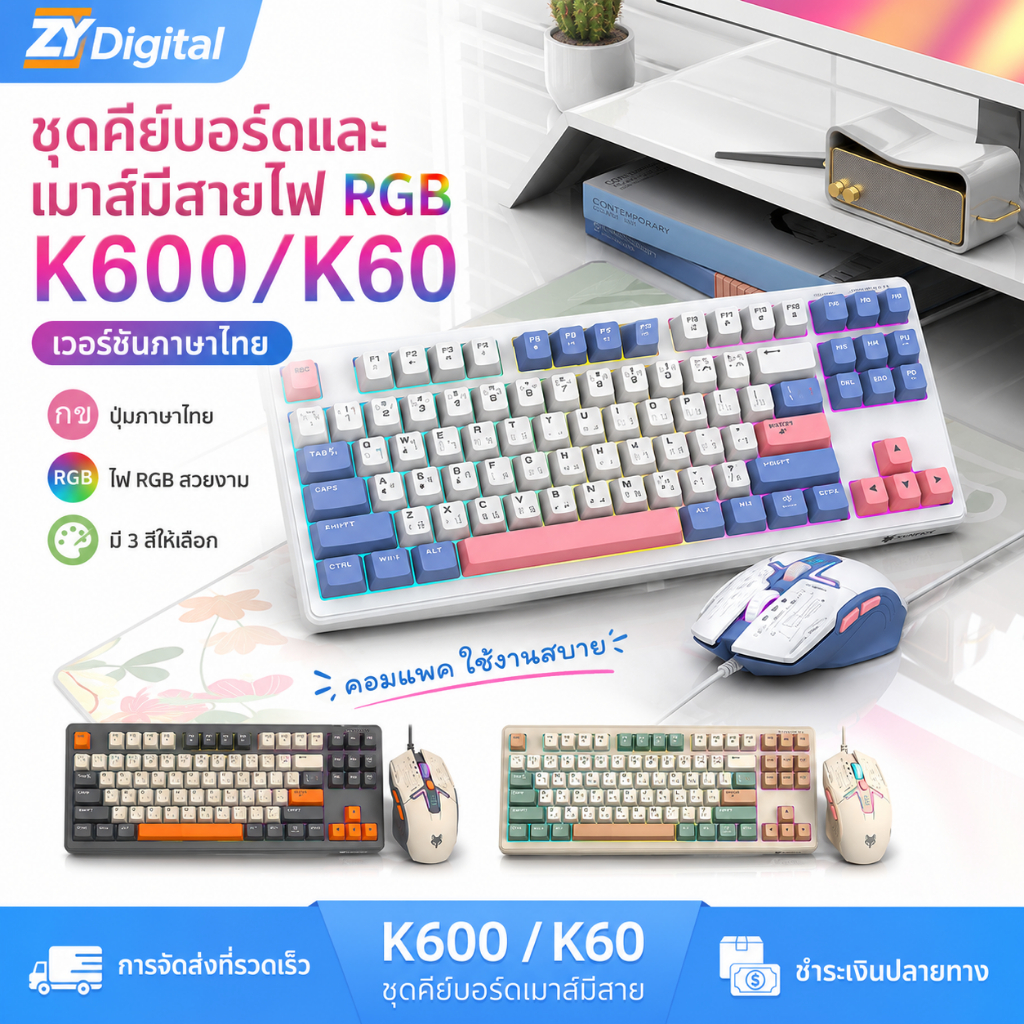 ชุดเมาส์คีย์บอร์ด XUNFOX K600/K60 RGB มีไฟแบ็คไลท์+ปุ่มป้องกันการกดซ้ำ 19 ปุ่ม เวอร์ชั่นภาษาไทย 87 คีย์ขนาดกะทัดรัด + การพิมพ์ที่เงียบสงบ