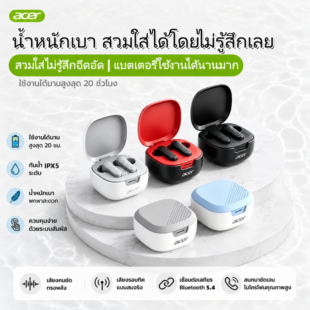 ชุดหูฟังไร้สาย Acer Flagship บลูทูธ 5.4 เสียงความละเอียดสูง กันน้ํา ชาร์จ Type-C Latency ต่ํา สร้างพิเศษสําหรับเกม OHR503
